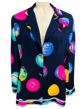 LEONARD PARIS NAVY MULTI SCARF PRINT SILK BLAZER